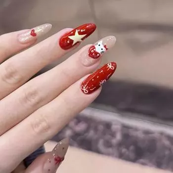 24 штуки Осенне-зимние Рождественские Красные Котенок Бант Звезда Миндальные Ногти 24 штуки Накладные Ногти