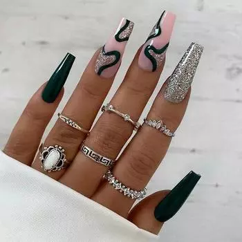 24 Pieces Nail Art Nail Long Ballet Nail Long Dark Green Line Glitter Fake Nail Piece Removable Nail Art