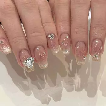24 Pieces Nail Nail Gray Pink Cat s Eye Love Rhinestone Stack Drill Nail Nail Nail Piece Fake Nail Removable