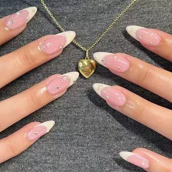 24 Pieces Wear Nail White French Nail Art Rhinestone Pearl Nail Art Tablet Removable Nail Film Fake Nail Tablet Wear Nail Art