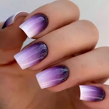 24 шт. цветных накладных ногтей Ombre, градиентные фиолетовые накладные ногти с блестками, длинные в форме гроба, накладные ногти для маникюра, с клейкими вкладками и пилочкой для ногтей