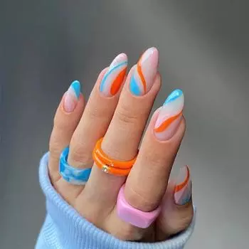 24 шт./компл., разноцветные волнистые длинные ногти, накладные ногти, наклейки, носимые, водонепроницаемые, для маникюра, готовые ногти