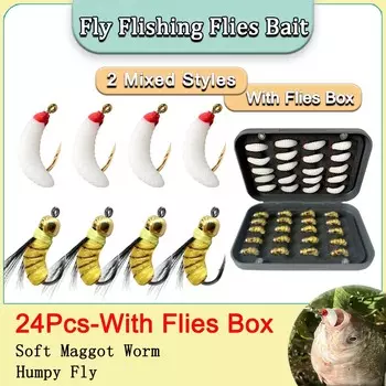 24 шт./коробка 2 смешанных стиля насекомое приманка Humpy Fly/Worm искусственная приманка для ловли форели мокрые/сухие мушки рыболовная приманка 24Pcs-2Mixed Styles-Box