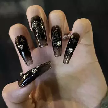 24 шт. накладных накладок для ногтей Wear, ледяные черные серебряные ажурные накладки для ногтей с бабочками и звездами, со стразами