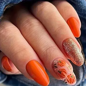24 шт. средней длины миндалевидной формы Press On Nails, искусственные ногти с тыквенным флэш-пудровым декором, блестящие ногти с полным покрытием для женщин и девочек Miss