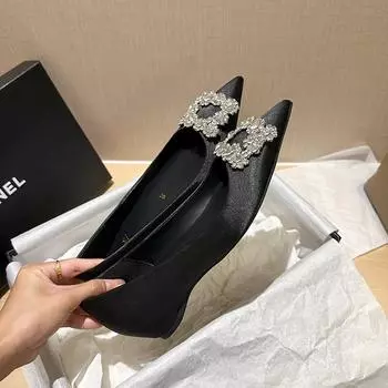 24P2 flat shoes women s new rhinestone square buckle pointed head shallow mouth black temperament inner height-increasing single shoes 34