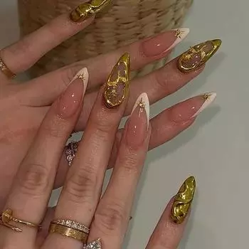 24PCS Almond False Nails with 3D Irregular Golden Ripples French Nail Tip Ins Star Designs Fake Nail Wearable Manicure for Women