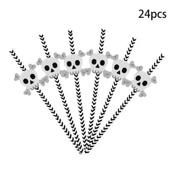 24Pcs Halloween Disposable Paper Drinking Straw Bat Skull Spider Pattern Drinking Straw Bar Home Halloween Decoration Party Prop