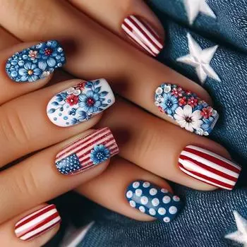 24pcs July 4th Press On Nail Medium Square Design False Nail With Flower Designs Full Coverage Stick on Nail Manicure