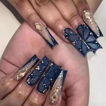 24pcs Long Square Press on Nail Glossy Rhinesotne Artificial Nail Manicure Acrylic Nail Stick On Nail For Women Girls