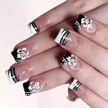 24Pcs Press on Nails Square Fake Nails with Flower Designs False Nails Glitter Glue on Artificial Nails for Womens