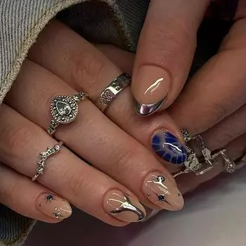 24PCS Short Almond False Nails with Glue Bohemia Glitter Star Pattern French Press on Nails Full Cover Wearable Simple Fake Nail