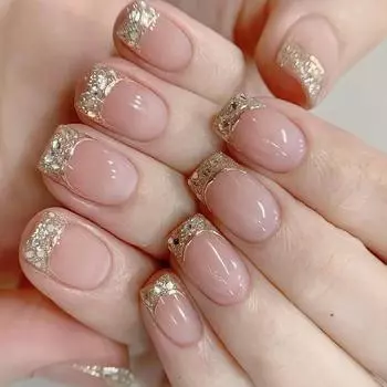 24PCS Simple French Fake Nails with Glue Glitter Golden Sequin Designs Short Square False Nails Acrylic Wearable Ballet Nail Art