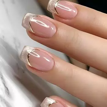 24PCS Simple French Fake Nails with Glue Glitter Golden Sequin Designs Short Square False Nails Acrylic Wearable Ballet Nail Art