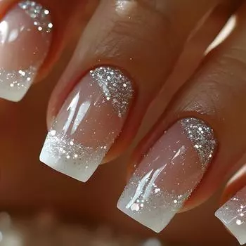 24PCS Simple French False Nails Glossy Pink Gradient Short Square Press on Nails Full Cover Acrylic Wearable False Nail Finished