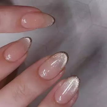 24PCS Simple Nude False Nails with Jelly Glue Glitter Powder French Almond Fake Nails for Spice Girls Nail Art Wearable Press On