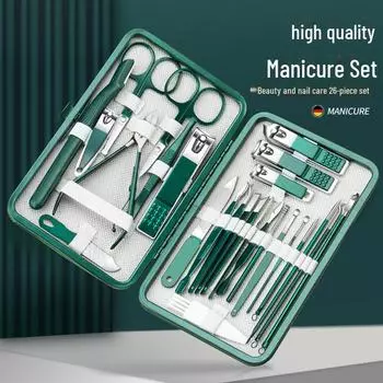 26-Piece Dark Green Stainless Steel Manicure Set: Nail Clippers, Dead Skin Remover, Scissors