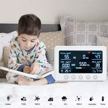 2,4 ГГц Wi-Fi монитор качества воздуха 8-в-1 CO2/CO/PM2.5/PM1.0/TVOC/пыльца/температура и влажность US Plug белый