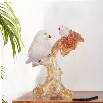 2 Birds Sitting On Tree Branch Figurine Home Decoration Showpiece Chidiya Statue for Home Decor Item Sparrow Pair Showpiece (Pink Ora)