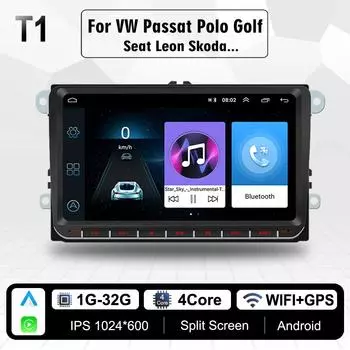 2 Din Android 9-дюймовый автомобильный радиоприемник для Volkswagen Golf 5 6 Passat B6 B7 Skoda Polo Jetta GPS-навигация Мультимедийный плеер Carplay 1 + 16 ГБ