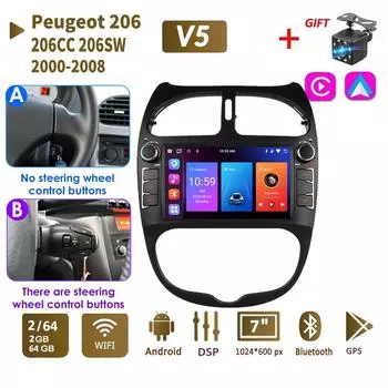 2 DIN Android автомобильное радио для PEUGEOT 206 206CC 206SW 2000-2008 автоматический мультимедийный плеер WIFI GPS авторадио Carplay Navi 2 + 64 ГБ 1+32GB,A