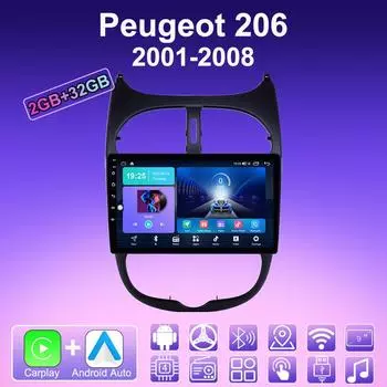2 DIN Android Carplay Car Radio For Peugeot 206 2001-2008 Multimedia Player Head Unit Stereo GPS Navigation BT WIFI 2+32GB 1+16GB