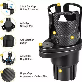 2 in 1 Car Water Cup Holder Expander 360 Degree Adjustable Base Coffee Drink Holder Anti-Shake Stable Double Water Cup Holder чёрный