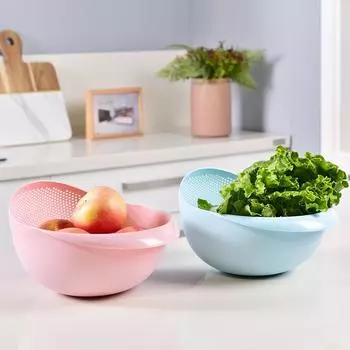 2-In-1 Rice Bowl Drain Basket Fruit Bowl Washing Drain Basket Kitchen Supplies Small Tools Multi-purpose Home Kitchen Organizer синий
