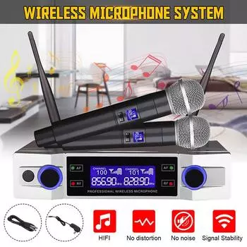 2-канальная профессиональная беспроводная микрофонная система UHF, 100 ~ 240 В переменного тока, 2 беспроводных ручных микрофона, товары для вечеринок Kraoke, кардиоидный микрофон