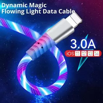 2 м USB-кабель для передачи данных Flow для iPhone 14 13 12 Pro Max 11 XS 8 7 6 светящийся кабель для быстрой зарядки 3A 2m