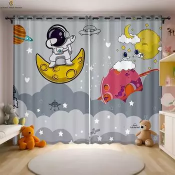 2-Pack Animation Cartoon Space Astronaut Print Curtain Bedroom Living Room Study Children s Room Decorative Curtain W50xH130(CM)x2PCS&Grommet Top