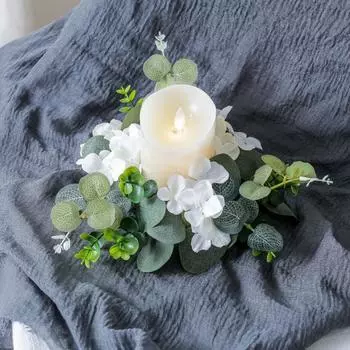 2 Pack Candle Holder Artificial Eucalyptus Leaves Wreaths Candle Rings Wreaths Small Boho Wreath Pillar for Wedding Home Door Tabletop Decoration зелёный/белый