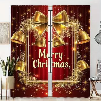 2-Pack Christmas Window Curtains Polyester Rod Pocket Design Digital Print Festive Bells for Living Room Kitchen Bedroom Windows (W50cmxH130cm)x2&Rod Pocket