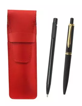 2 Pack Slim Cowhide Pencil Case Red with Extra Fine Knock Type Eraser Black and Euro Style Brass Parts Knock Type Mechanical Pencil Set Black