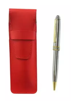 2 Pack Slim Cowhide Pencil Case Red Brilliant Silver Rotating Ballpoint Pen Set T23-ASR-PD07-2