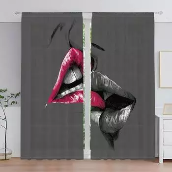 2 панели 3D цифровая печать милые розовые красные блестящие ресницы глаза розовые губы девушка спальня тонкие шторы принцесса гостиная окно 100W130H(CM)40x51in&rod pocket