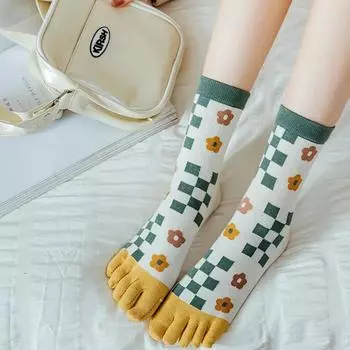 2 пары женских носков с пятью пальцами и рисунком животных из мультфильмов, милые японские носки, повседневные клетчатые носки с цветочным принтом, винтажные женские носки