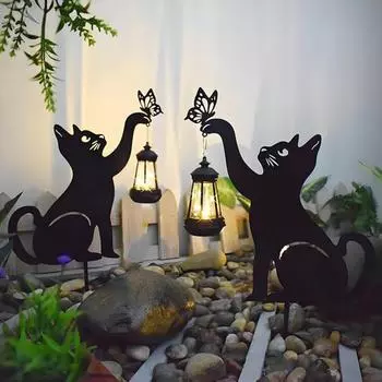 2 Pcs Metal Cat Solar Lights Outdoor Black Cat And Butterfly Yard Sign Waterproof Cat Silhouette Stake Lawn Light for Garden Patio