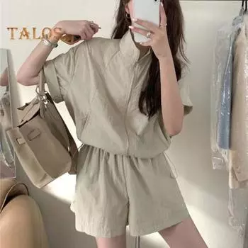 2 Pcs/Set Women Top Shorts Set Zipper Closure Short Sleeves Stand Collar Sunscreen Blouse Elastic High Waist Loose Pants Casual Sportwear Tracksuit M розовый