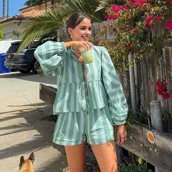 2 Pcs/Set Women Top Shorts Set Striped Print Lace-up Bow Ruffle Long Lantern Sleeves Pleated Hollow Out Blouse S светло-зеленый