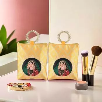 2 Pcs Silk Small Hand Bags for Women Stylish with Zip & Handle | Traditional Handheld Bags for Women | Ethnic Ladies Purse Handbag for Return Gifts