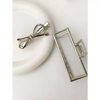 2 Pcs Women s Silver Bow Geometric Square Hair Accessory Set Suitable For Daily Hair Styling