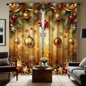2 piece HD digital curtains printed yellow tie Christmas drop ball latte home decoration style Decorate living room bedroom wear W52H63inchW132H160cm