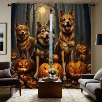 2-piece HD Moonlit Halloween jack-o -lantern Wolf dog curtain Black tie digital printed curtain Home Decoration style Decoratio W52H63inchW132H160cm