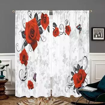 2 pieces, 3D space retro abstract rose curtains -30% blackout - suitable for living room, bedroom, Valentine s Day home decorati W150CM H166CM&Rod pocket белый