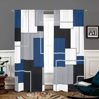 2 pieces, black, white, gray, blue geometric curtains -30% blackout - suitable for living room, bedroom, home decoration W150CM H166CM&Rod pocket синий