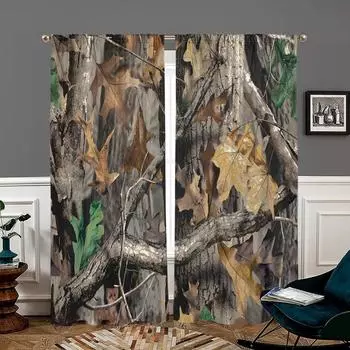 2 pieces, camouflage forest green leaf branch curtains - semi blackout - suitable for living room, bedroom, kitchen, home decora W150CM H166CM&Rod pocket