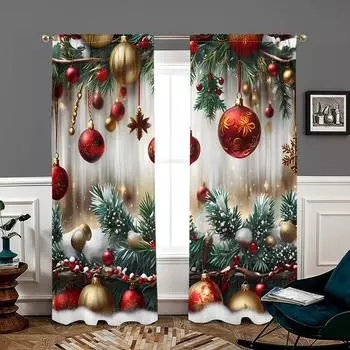 2 pieces, Christmas tree green leaf pine ball curtains -30% blackout - suitable for living room, bedroom, kitchen, home decorati W150CM H166CM&Rod pocket зелёный
