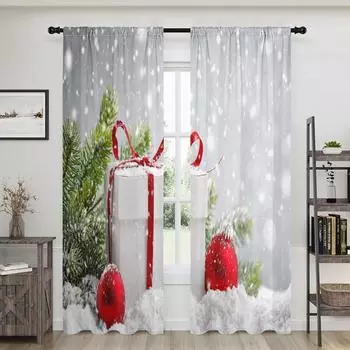 2 pieces, Christmas tree snowflake gift ball curtains -30% blackout - suitable for living room, bedroom, kitchen, home decoratio W150CM H166CM&Rod pocket белый