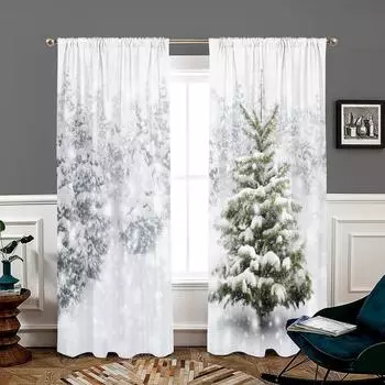 2 pieces, Christmas tree winter snowflake curtains -30% blackout - suitable for living room, bedroom, kitchen, home decoration W150CM H166CM&Rod pocket белый
